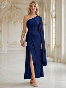 EVERPRETTY Elegant Women's Long Evening Gown, Embroidered Asymmetric Neckline And Slit Design, Charming One-Shoulder Formal Dress - Navy Blue - View 7