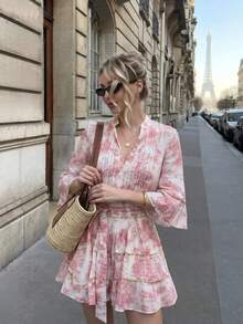 女款春夏秋街頭時尚休閒前開扣腰帶碎花喇叭袖小立領V領短洋裝，優雅粉色收腰短蛋糕裙，情人節穿搭，復活節穿搭 - 粉色 - 查看 6