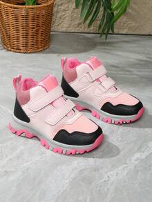 1 Pair Girls' High-Top Sports Shoes, New Autumn Style, Convenient Hook And Loop Closure, Children's Outdoor Hiking Shoes - Pink - View 2