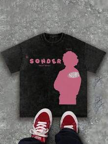 (230g Pure Cotton) Men's Retro Pink Text "SONDER" Figure Thinking Pattern Printed T-Shirt, Retro Style, Breathable Fabric,  Y2K Style - 黑色 - 查看 2