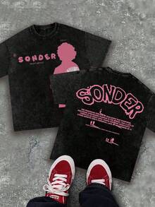 (230g Pure Cotton) Men's Retro Pink Text "SONDER" Figure Thinking Pattern Printed T-Shirt, Retro Style, Breathable Fabric,  Y2K Style - 黑色 - 查看 1
