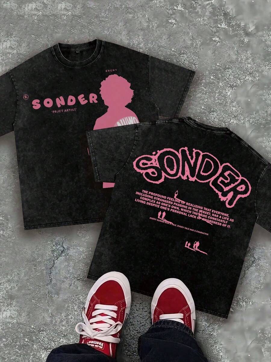 (230g Pure Cotton) Men's Retro Pink Text "SONDER" Figure Thinking Pattern Printed T-Shirt, Retro Style, Breathable Fabric, Y2K Style - 黑色 - 查看 1