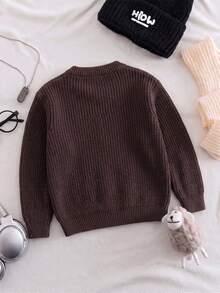 Enfärgad vertikalt ribbad tröja med rund hals för stora pojkar, lös tjockstickad pullover, höst/vinter - Brun - Visa 4