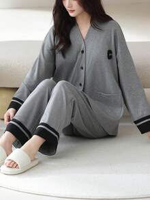 2件組女款開襟V領長袖睡衣套裝，長褲，親膚居家服，春秋款 - 淺灰色 - 查看 7