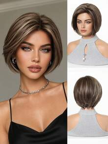 Wig Bob Pendek Wanita 8 Inci, Rambut Sintetis, Gaya Bob Berlapis Cokelat Alami, Wig Rambut Pendek Lurus Belahan Samping, Cocok untuk Pemakaian Sehari-hari dan Pesta - MultiWarna - View 13