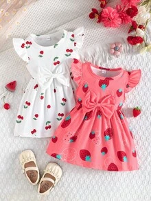 2 piezas/Set Bebé Cuello Redondo Manga Volante Estampado de Mariposa & unicolor Punto Acanalado Minimalista Lindo Primavera/Verano - Rosado Sandía - Ver 2