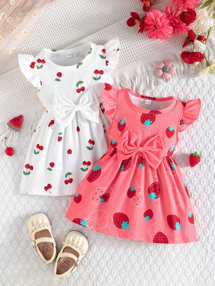 2 piezas/Set Bebé Cuello Redondo Manga Volante Estampado de Mariposa & unicolor Punto Acanalado Minimalista Lindo Primavera/Verano - Rosado Sandía - Añade 1