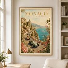 1pc Vintage Monaco Poster, Retro Mediterranean Riviera Racing Car Landscape Wall Art Print, Unframed Matte Paper Poster For Bedroom Living Room Decor - 1PC - View 5