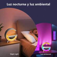 ZNEMAZ Lámpara de escritorio LED con forma de G, cargador inalámbrico, altavoz Bluetooth y despertador: un dispositivo 3 en 1 ideal para oficinas y dormitorios. - Ver 7