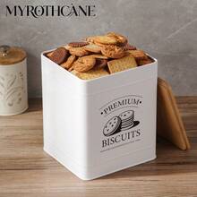 Myrothcane 1pc Vintage White Metal Biscuit Tin With Bamboo Lid, Large Square Cookie Storage Canister, Airtight Snack Container For Cookies, Candy, Nuts, Tea, Kitchen Pantry Organizer, Retro Printed Food Storage Jar For Home Baking - White - View 9