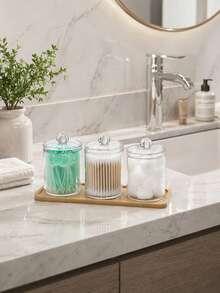 3pcs Bathroom Cabinet Acrylic Wet Wipes And Cotton Pads Storage Set, With Bamboo Lid - Transparent Plastic Cotton Swabs And Cotton Pads Storage Box, With Bamboo Tray - A - View 2