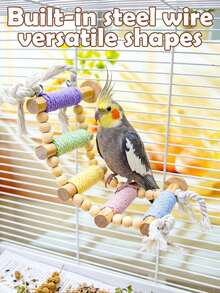 1pc Macaron Style Rope Woven Wave Parrot Ladder Perch, Colorful Bird Swing, Pet Climbing Ladder, Multi-Layer Interactive Bird Cage Accessory, Durable And Sturdy, Suitable For All Seasons, Fit For Cockatiels, Lovebirds, Squirrels And Other Small Animals - Cotton Rope Ladder 5-step - 1pc - View 9