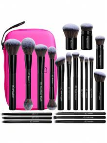 BS-MALL [Design Sense] [Enjoy Makeup] Professional 20pcs Black Makeup Brush Set With Pink Large Capacity Brush Bag, Precise Makeup Application, Gift For Girlfriend/Women - Black - View 8