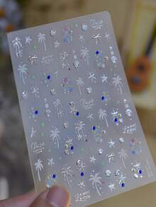 1件 5D水晶水鑽美甲貼，奢華夏季海灘風金屬貝殼美甲裝飾，自黏式可滑動美甲貼紙配件 - 銀色 - 查看 4
