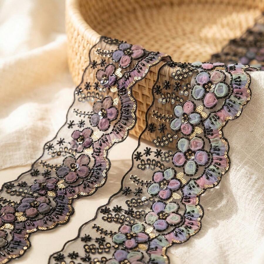 1/3" 13cm Wide 3D Floral Embroidered Lace Trim With Sequins And Beads, Fan-Shaped Edge Transparent Mesh Lace Trim, Suitable For Sewing DIY Crafts, Bridal Wedding Veil, Underwear, Clothing Accessories, Vintage Elegant Lace Trim - Multicolor - View 1