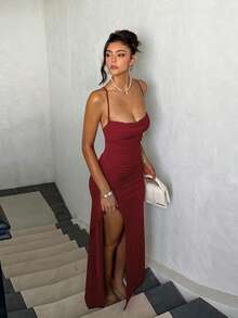 Women's Summer Red Cowl Neck Spaghetti Strap Slit Dress, Birthday Holiday Party Beach - Burgundy - View 10