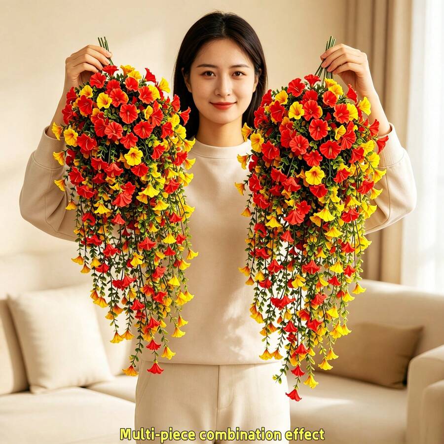 12Pcs Orange Artificial Hanging Morning Glory Vine, Realistic Fake Floral For Fall, Thanksgiving & Halloween Decor, Weatherproof Fake Flower For Indoor Outdoor Wall Porch Garden Home Ornament - Orange - View 1