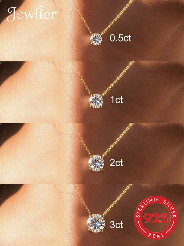 1ชิ้น เงินแท้ 925 0.5CT 1CT 2CT 3CT สร้อยคอเพชรกลมสี่กรงเล็บ สำหรับผู้หญิง แมตช์กับชุดประจำวัน อุปกรณ์เสริมงานปาร์ตี้ เครื่องประดับชั้นดี ของขวัญ
