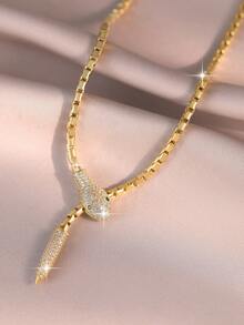1pc Punk Metallic Snake Cube Cubic Zirconia Y-Shaped Necklace, Women's Daily Decoration, Suitable For Music Festivals, Back To School Season, Copper Jewelry - Golden Yellow - View 5