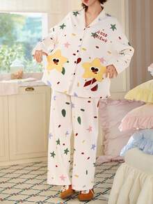 Gongdie 2 Pieces Women Pajama Set,Spring Fall Cream White Soft Cotton Loungewear With Colorful Star & 3D Star Pockets - Apricot - View 8