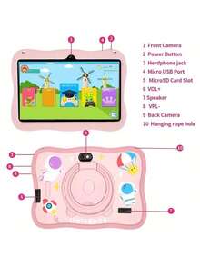 yesido 4GB RAM + 64GB ROM / 7-Inch Tablet / Quad-Core 1.3GHz / Android 13 MTK8321 / 1280x800 HD IPS Display / 2MP+5MP Camera / 4000mAh Battery / WiFi, Parental Control, Education, Games / ABS Plastic + Silicone, Educational Tablet - Pink - View 7
