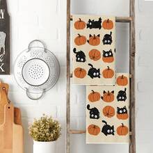 2 Peças Toalhas de Cozinha com Estampa de Gato Preto e Abóbora de Halloween, Decoração de Cozinha Rústica de Outono e Ação de Graças, Presente - Multicolorido - Visão 7