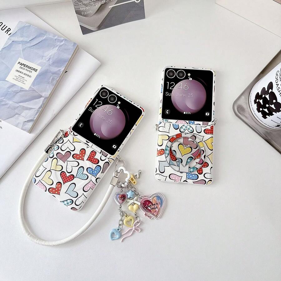 keshengtai PU Leather Colorful Heart Phone Case With Pendant Strap, Hard PC Back Plate Protective Phone Cover Compatible With Samsung Galaxy Z Flip8, Z , Z Flip7FE, Z Flip6, Z Flip5