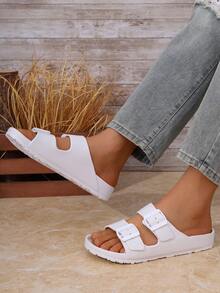 Men's Minimalist Solid Color EVA One-Piece Lightweight Double Bar Comfortable Flat Slide Sandals, Breathable, Suitable For Home, Outdoor, Beach, Plus Size - White - View 3