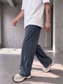 GRDR Men's Casual Corduroy Wide Leg Long Pants With Elastic Waist And Drawstring, Loose Fit With Drape And Relaxed Style - Dusty Blue - View 4
