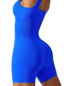 Women's Ribbed Fitness Romper Gym Workout Bodysuit - 米色 - 查看 5