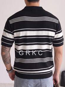 Men's Polo Shirt, Turn-Down Collar, Short Sleeve, Knitted, Slim Fit, Straight Cut, Casual Daily Wear, Horizontal Striped Knit T-Shirt, Spring/Summer - Black - View 3