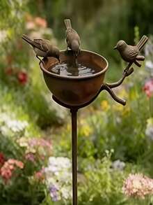 Vintage Distressed Rusty Bird Feeder Garden Stake, Metal Bird Bath Basin Yard Decor, Exquisite Design, Natural Finish, Suitable For Hummingbirds, Birds And Insects, Garden Water Feature, Elegant Bird Bath, Spring And Summer Garden Decoration - A - View 1