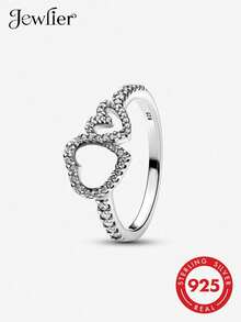 1pc Minimalist Hollow Double Heart S925 Sterling Silver Ring, Elegant Jewelry Gift For Women, Suitable For Daily Wear, Valentine's Day, Birthday - Hollow Double Heart Ring - View 1