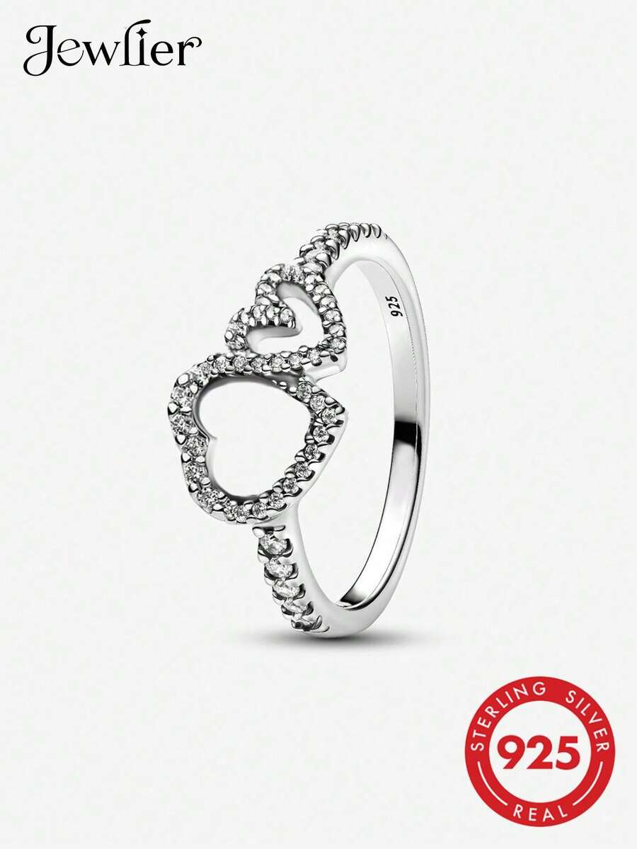 1pc Minimalist Hollow Double Heart S925 Sterling Silver Ring, Elegant Jewelry Gift For Women, Suitable For Daily Wear, Valentine's Day, Birthday - Hollow Double Heart Ring - View 1