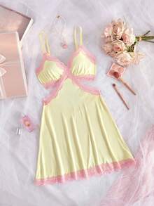 Women Lightweight Nightgown V‑Neck Nightdress Bodycon Chemise Sleep Dress Criss‑Cross Backless Pajamas Sexy Lingerie Contrast Lace Splicing Loungewear - Yellow - View 7