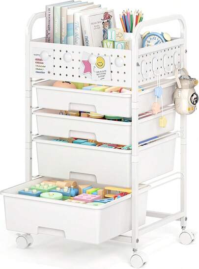 SYKIARIOL 4 Drawer Rolling Storage Cart With Pegboard Top And Hooks, Mobile Organizer Cart With Wheels For Office Supplies, Craft Storage, Classroom