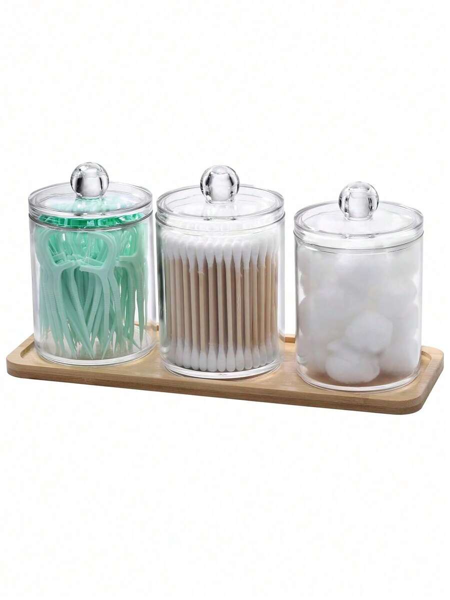 3pcs Bathroom Cabinet Acrylic Wet Wipes And Cotton Pads Storage Set, With Bamboo Lid - Transparent Plastic Cotton Swabs And Cotton Pads Storage Box, With Bamboo Tray - A - View 1