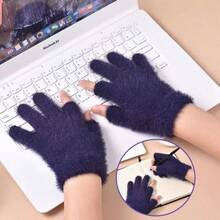 1 Pair Fashionable Warm Dew Two-Finger Gloves, Student Writing Gloves, Thickened Fleece Cold-Proof Gloves - Multicolor - View 3