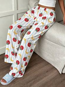 Women's Long Pajama Pants, Elastic Waist, Vertical Striped Tomato & Banana Cartoon Print, Loose Straight Leg Lounge Pants - Multicolor - View 1