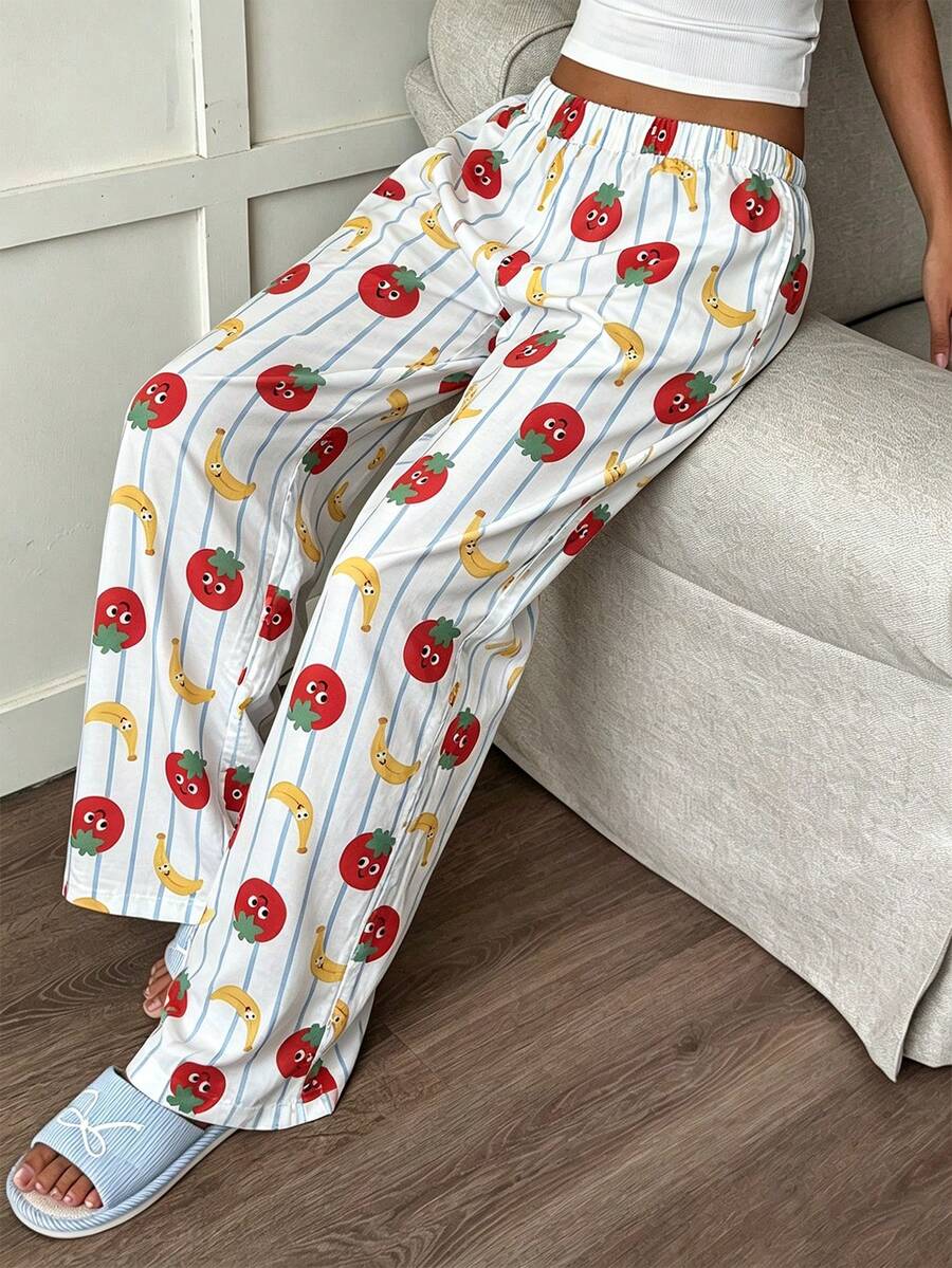 Women's Long Pajama Pants, Elastic Waist, Vertical Striped Tomato & Banana Cartoon Print, Loose Straight Leg Lounge Pants - Multicolor - View 1