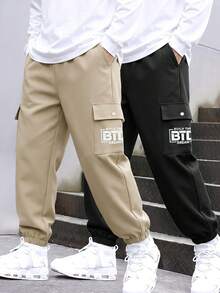 Boys' Spring/Summer Solid Color Cargo Jogger Pants, Khaki/Black, Durable Drape Fabric With Letter Print And Cargo Pockets, Multi-Color Options, Versatile Streetwear For Daily Outings, School Activities, And Outdoor Leisure - Multicolor - View 2