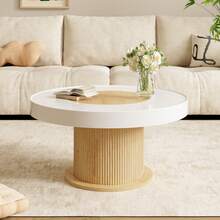 Round Coffee Table With Grooved Cylindrical Base, Table With Two-Tone White And Wood Color Tabletop Made Of MDF And PVC, Living Room Table, Compact Side Table For Small Apartments. - Natural Wood + White - View 2