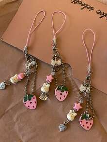1pc Japanese Healing Strawberry Bunny Handmade Beaded Phone & Key Strap, 3D Bow Star Unique Sweet Accessory, Cute Small Gift For Girls & Best Friends On Birthday & Valentine's Day - Multicolor - View 1