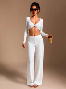 Double Layer Long Sleeve White Crop Top Vacation Sexy Deep V Neck Fall Women Summer - White - View 4
