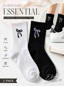 20/10/5/1 Pair Women's Bow Pattern Knitted Short Socks, Soft Elastic, Breathable Casual Mid-Calf Socks, Suitable For Daily Wear, Black And White Classic Aesthetic Socks, Y2K Balletcore Street Style Socks - Multicolor - View 8
