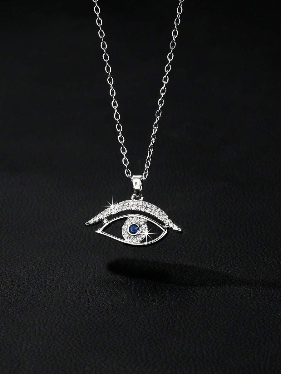 1pc/Luxury Men's Evil Eye Zirconia Inlaid Pendant Collarbone Necklace, Blue Diamond Eye Shape Fashion Popular Chain, Suitable For Halloween Party Gathering And Daily Wear - Multicolor - View 1