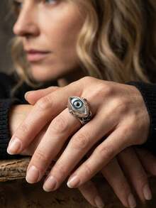 1pc Vintage Gothic Demon Eye Adjustable Ring, Women's Retro Blue Eyeball Open Ring, Punk Motorcycle Style Personalized Jewelry, Halloween Party Gift - Multicolor - View 6