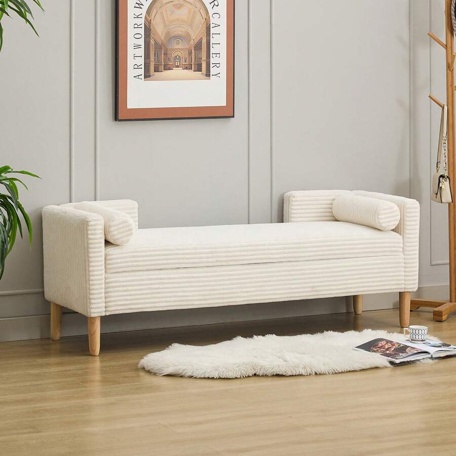 Velvet Storage Bench With Arms - Ideal For Living Room, Entryway And Bedroom - Ivory - 象牙 - 查看 1
