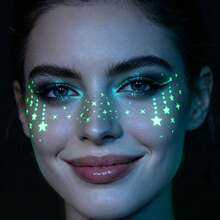 6pcs Fluorescent Freckle Face Stickers UV Reactive Star & Moon Temporary Tattoo Stickers For EDM Festival, Holiday, Halloween Party Makeup - Green - View 6