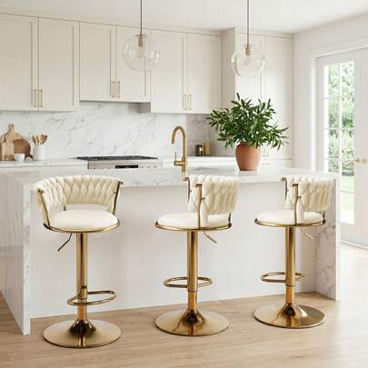 Bar Stools Set Of 3, 360° Swivel Velvet Counter Height Bar Chairs With Woven Backrest, Plush Upholstered Seats & Gold Metal Legs Furniture For Kitchen Island Dining Room Home Bar, Beige
